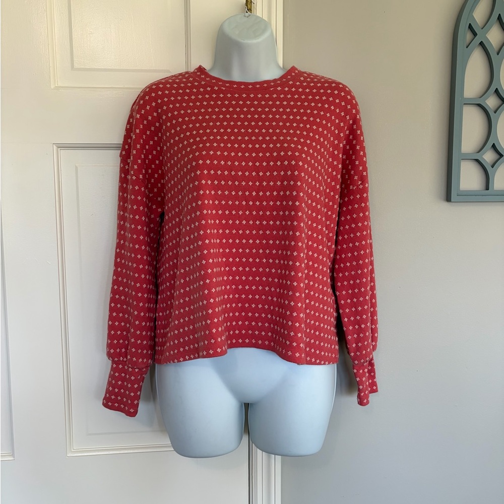 Madewell Red Crewneck Knit Sweatshirt with White Dot Pattern